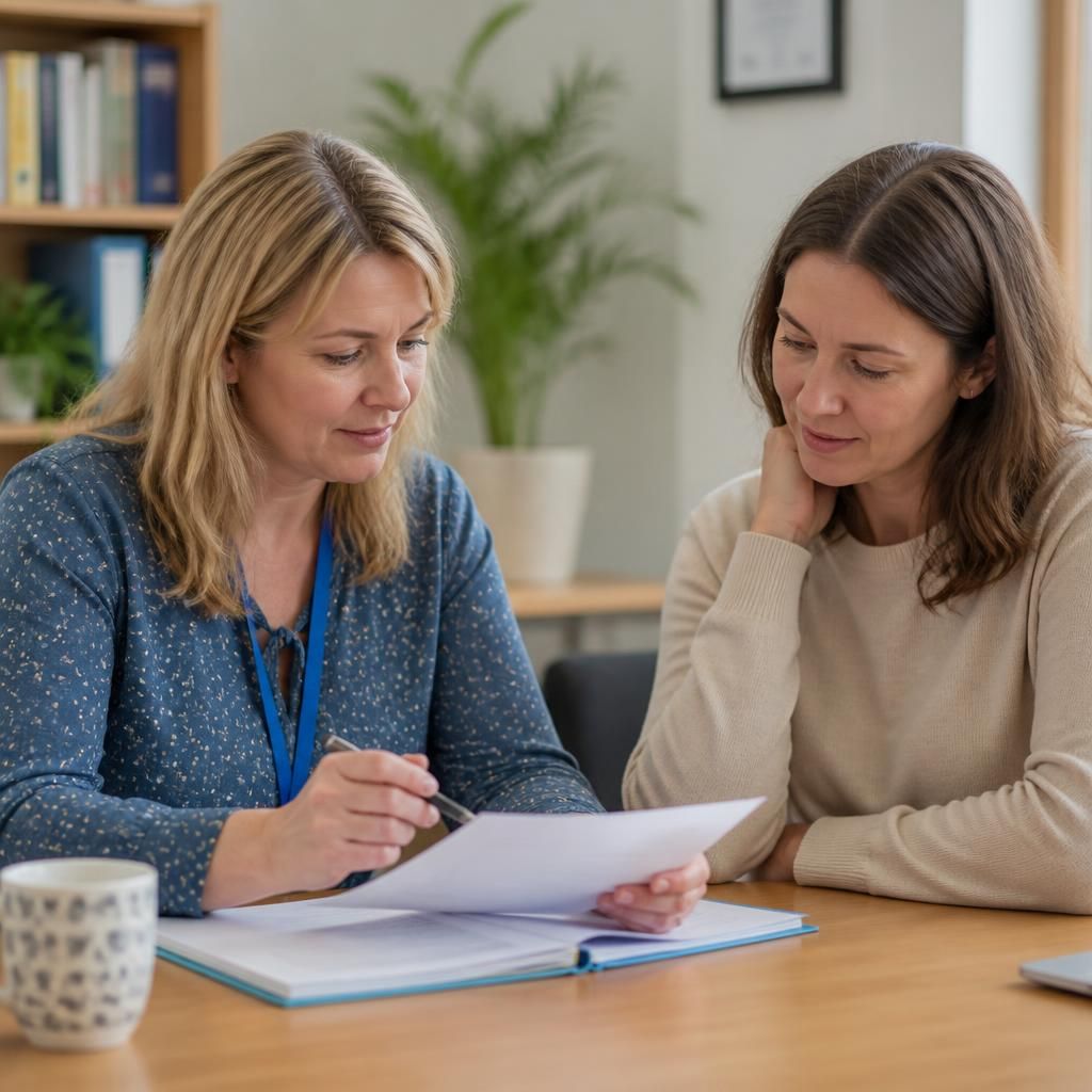 Foster care trainer reviewing notes with a prospective foster carer