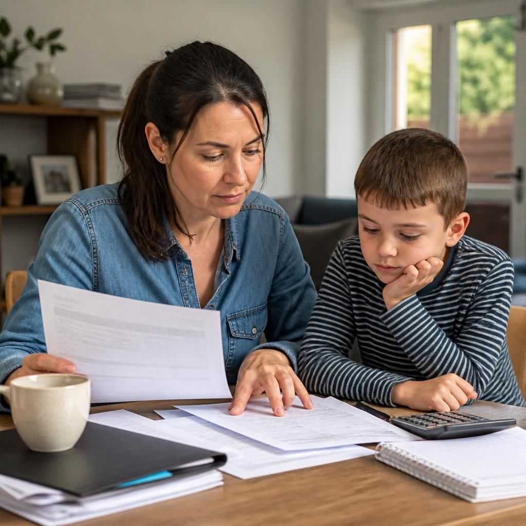 Kinship carer reviewing household paperwork with a child at home