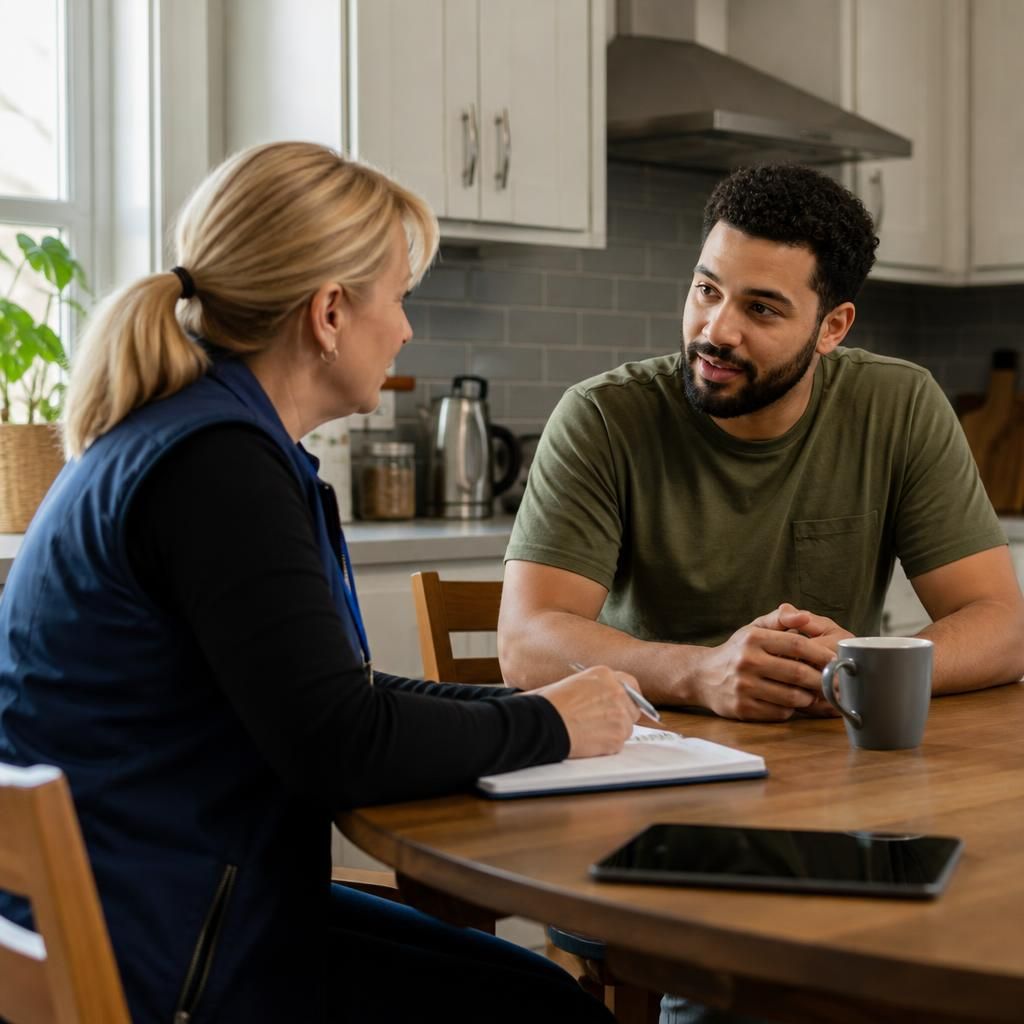 Single foster carer speaking with a social worker at a kitchen table