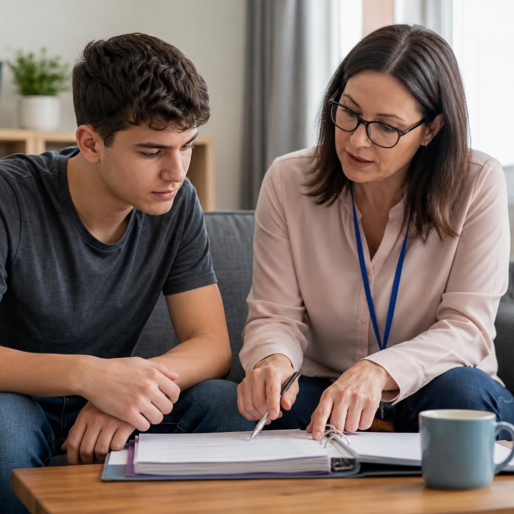 Young person and adviser reviewing a pathway plan document together