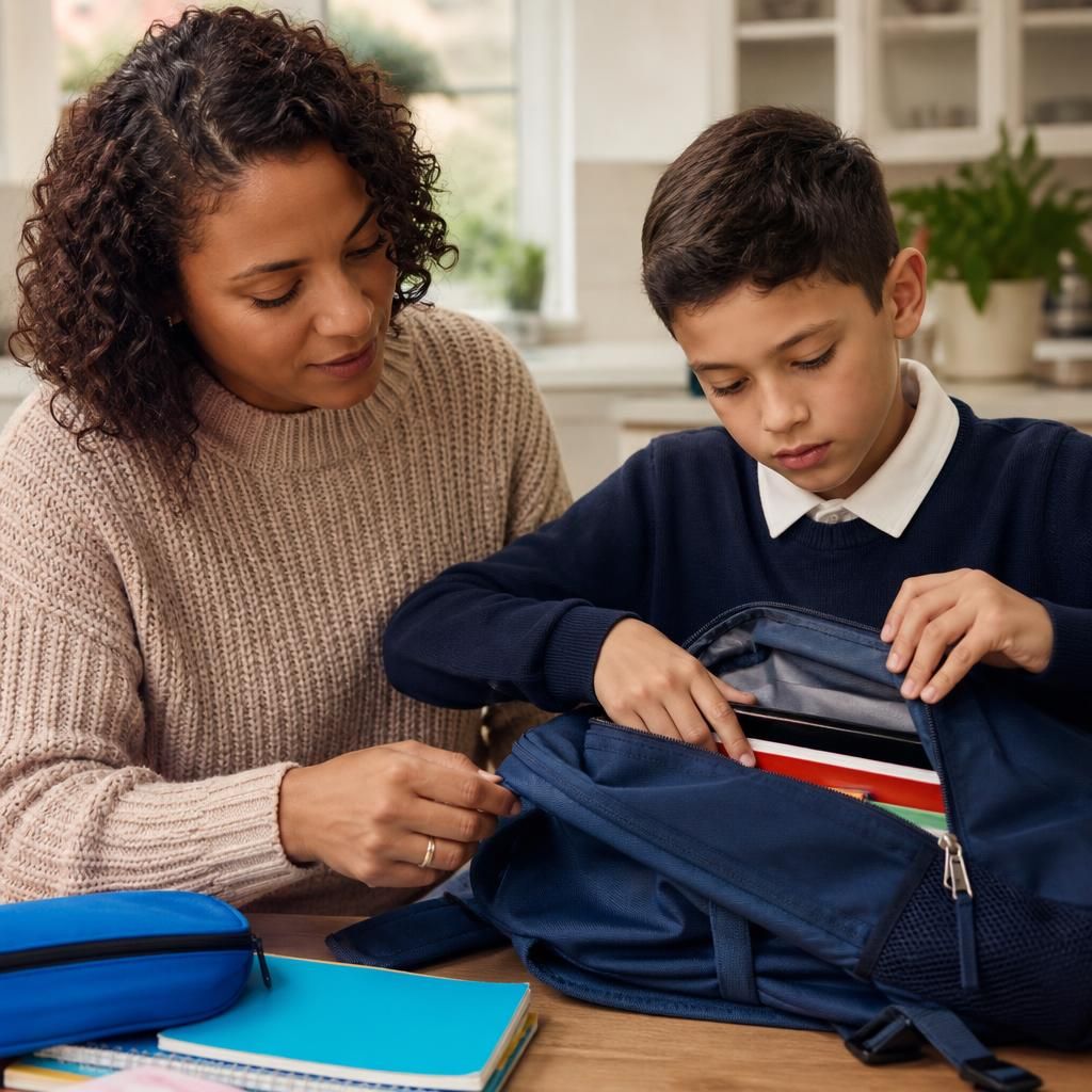Foster carer helping a child organise school belongings at home
