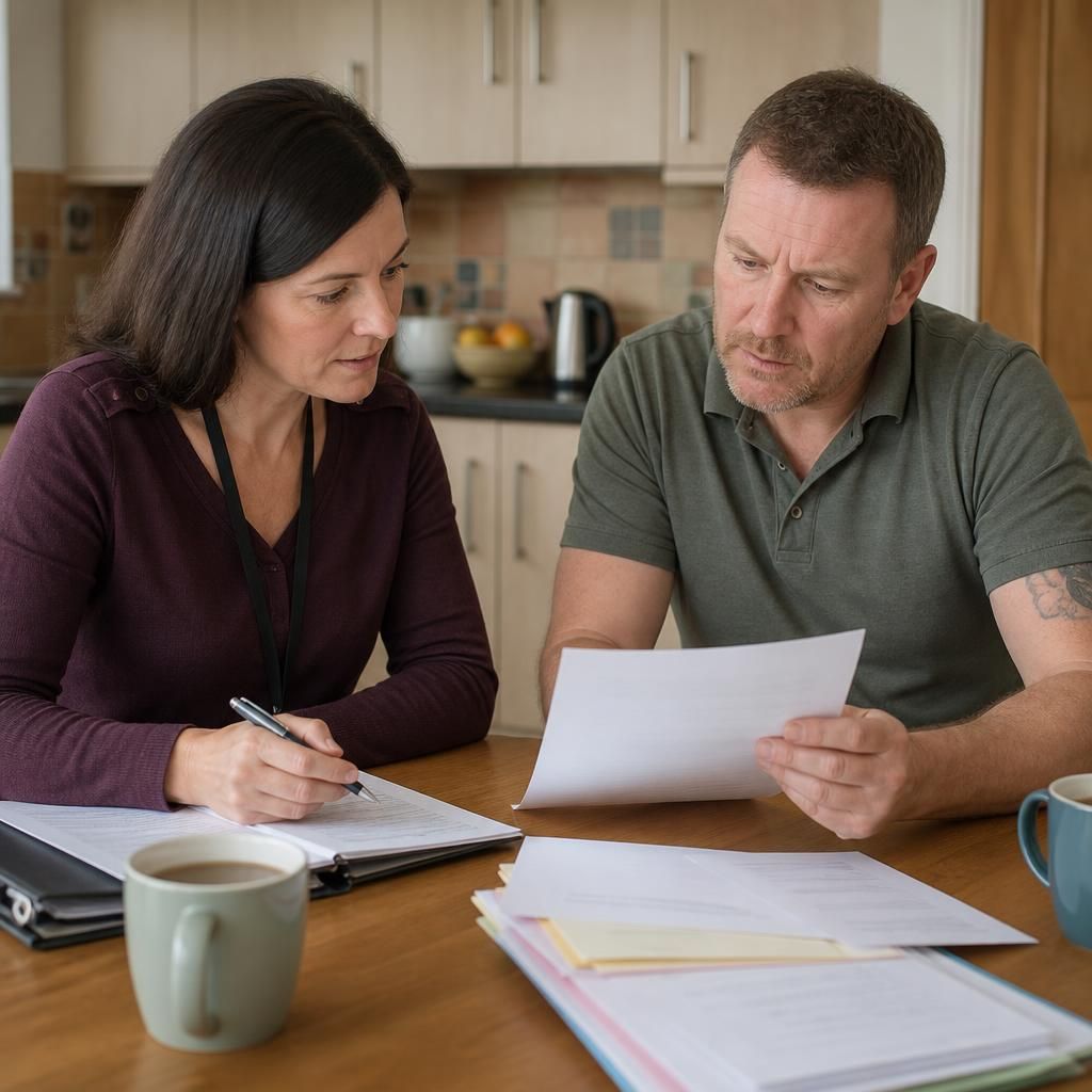 Foster carer and assessing social worker reviewing paperwork at a kitchen table
