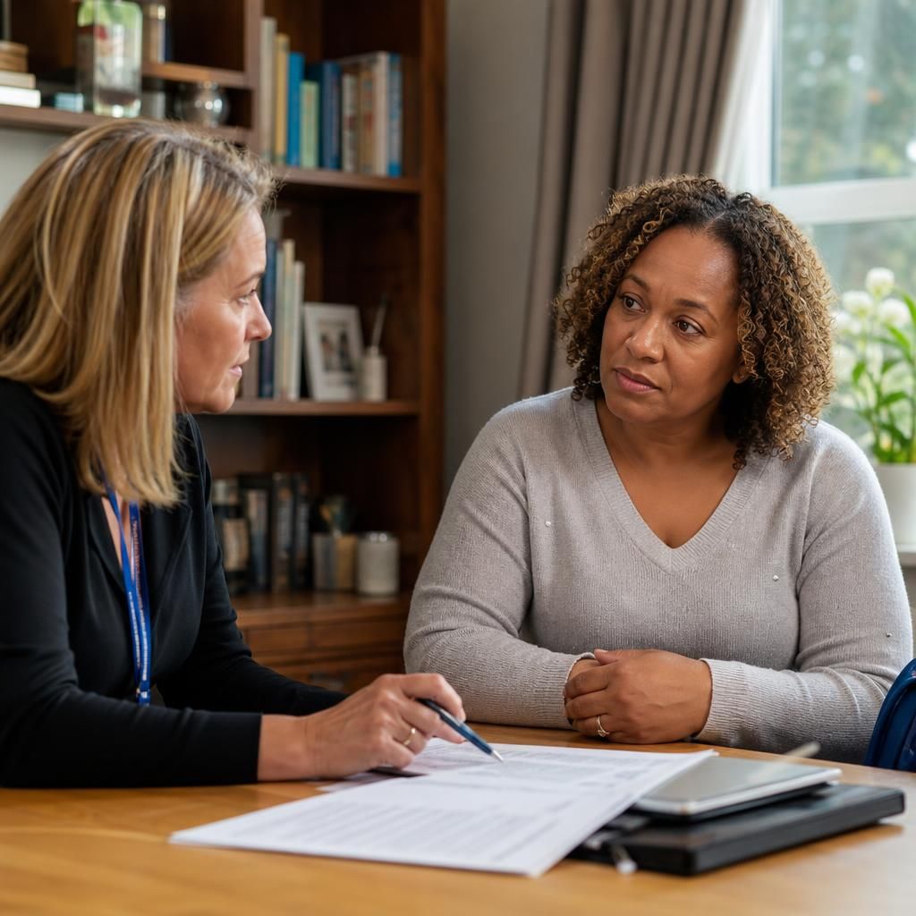 Kinship foster carer speaking with a fostering professional about financial support