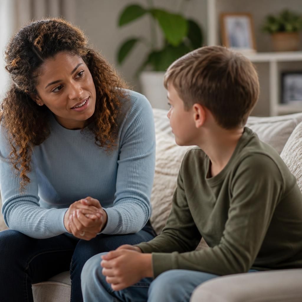 Foster carer and child talking together at home