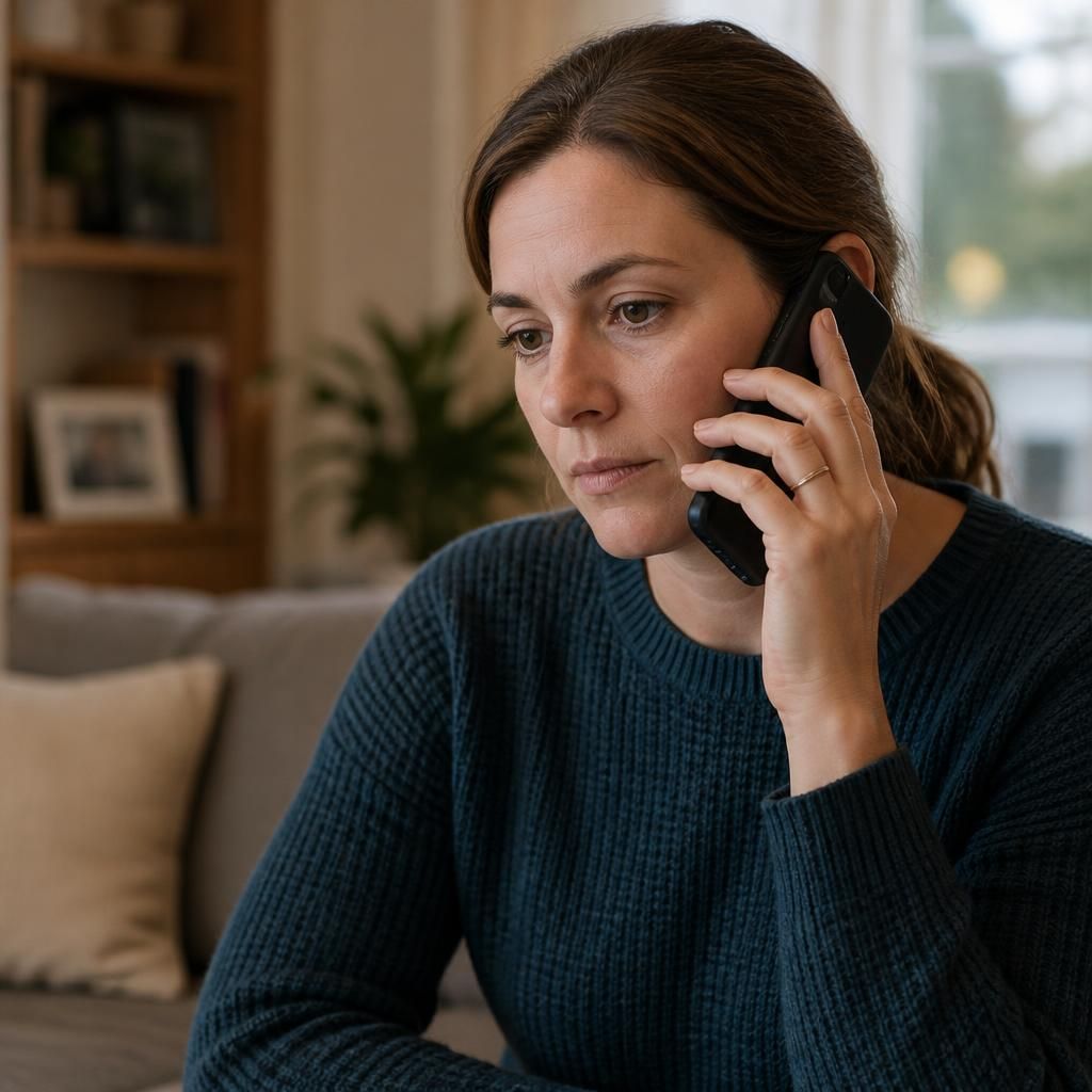 Foster carer speaking privately with a helpline adviser on the phone