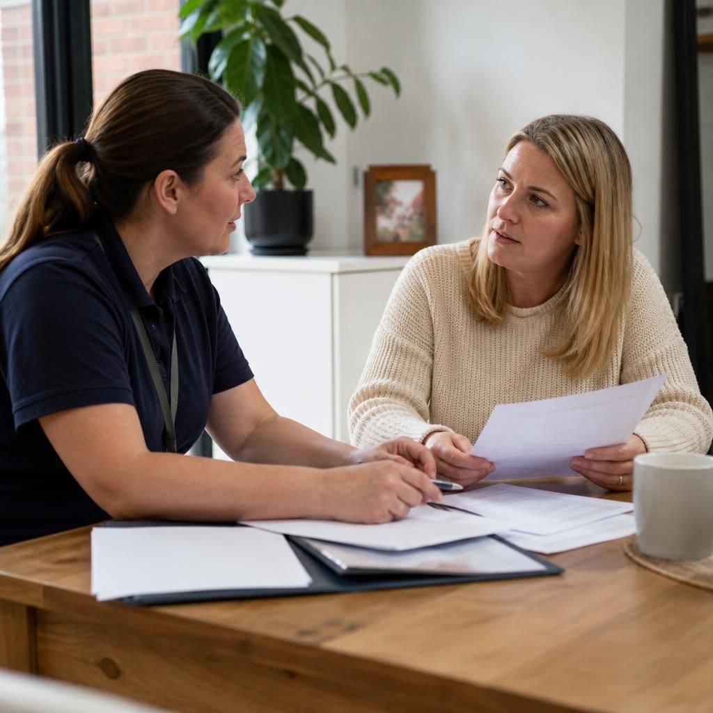 Foster carer discussing moving documents with a social worker at a table