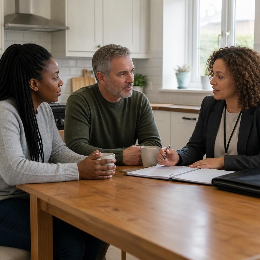 Foster carers talking with a supervising social worker at a kitchen table