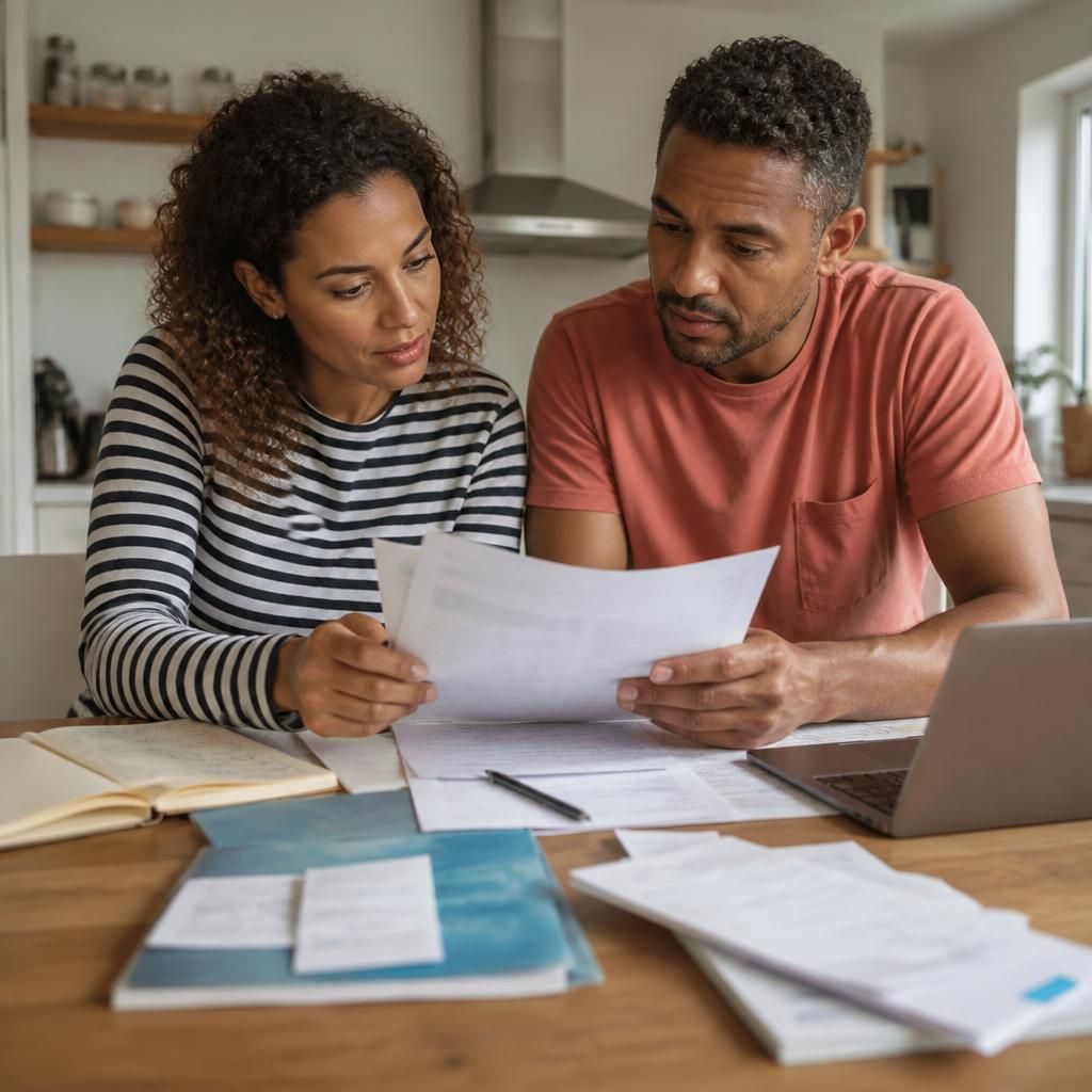 Couple reviewing household bills and a budget at a kitchen table