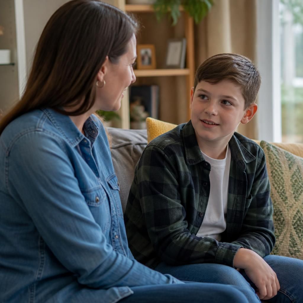 Foster carer talking with a child during a short stay in a family home