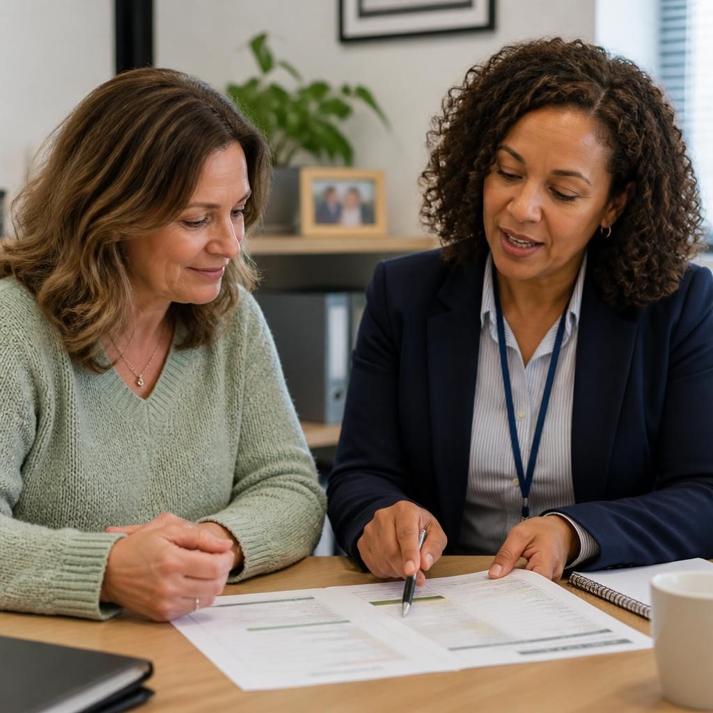 Foster carer reviewing a placement agreement and payment breakdown with an adviser