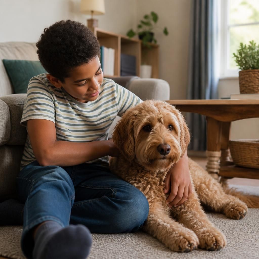 Child sitting beside a calm family dog in a living room