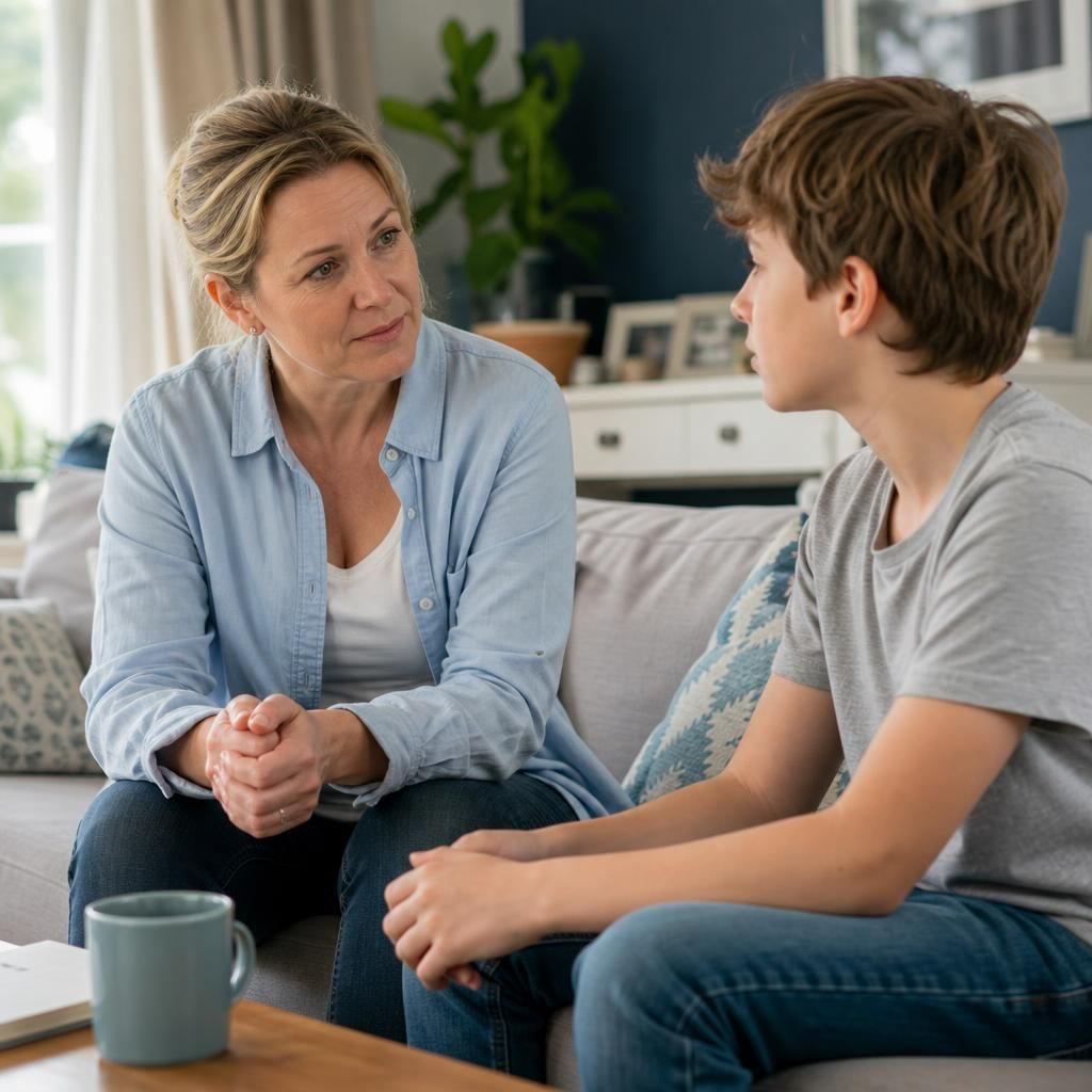 Foster carer and child talking together at home