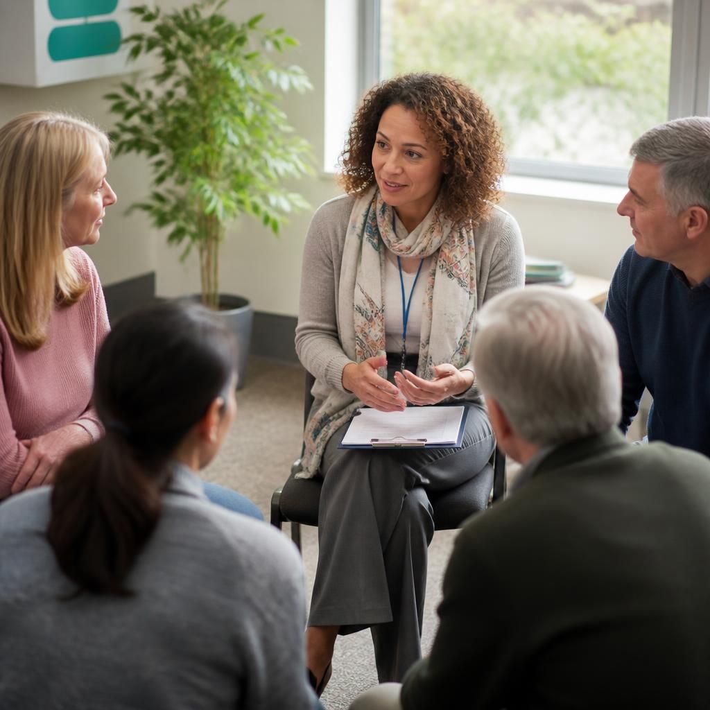 Foster carers seated together in a group discussion with a social worker