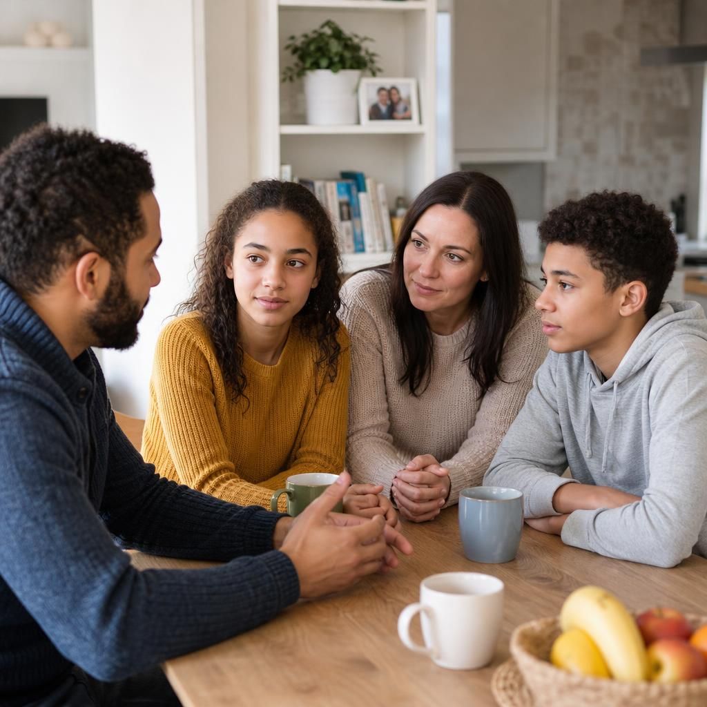 Family members talking together around a table