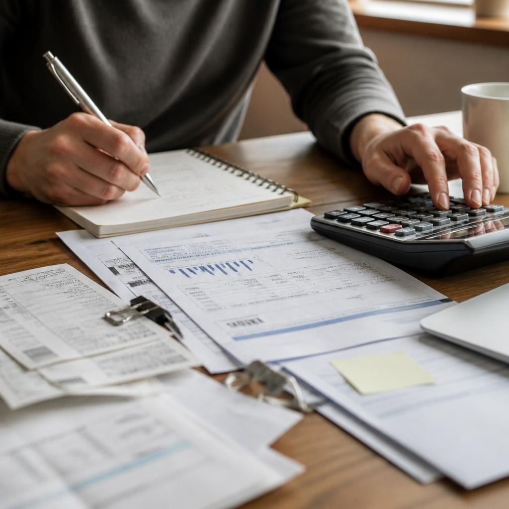 Household budget documents, bills and a calculator on a table