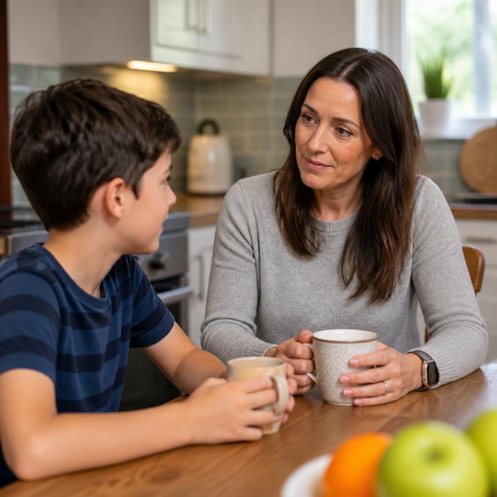 Foster carer and child talking together at a kitchen table