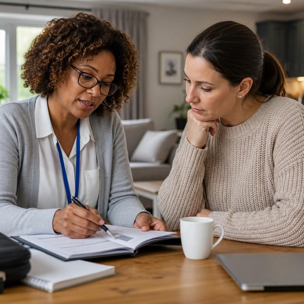 Social worker and foster carer reviewing a child's care plan together