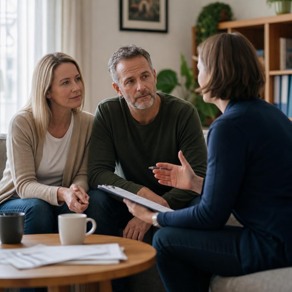 Foster carers speaking with a social worker during a support meeting