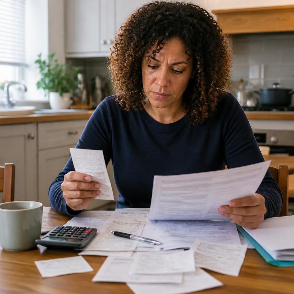 Foster carer reviewing household budget documents and receipts at a kitchen table