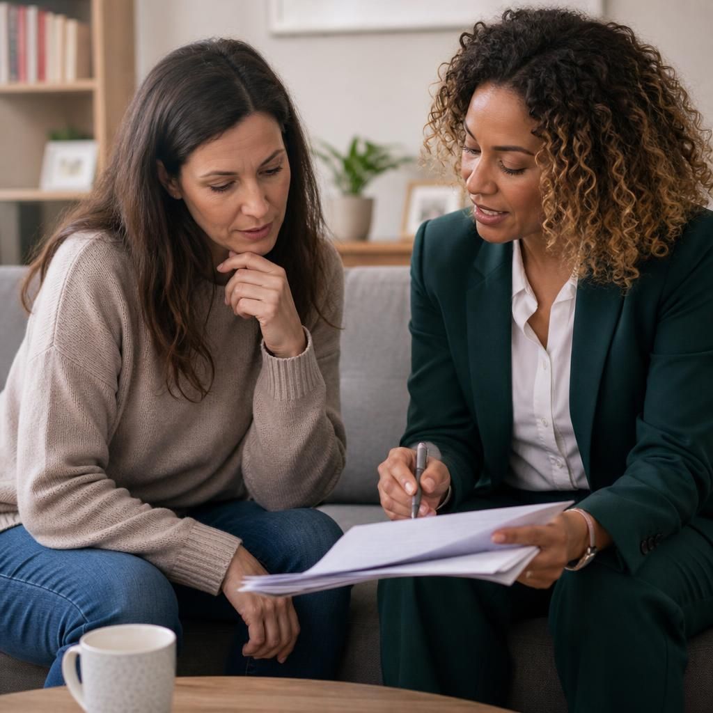 Foster carer discussing assessment paperwork with a social worker