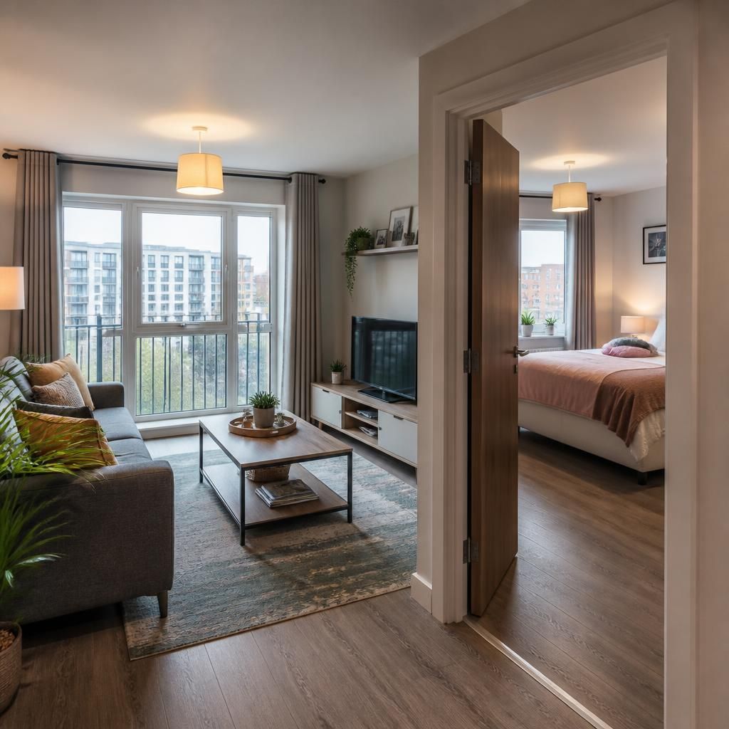 Flat interior showing a living area and separate bedroom