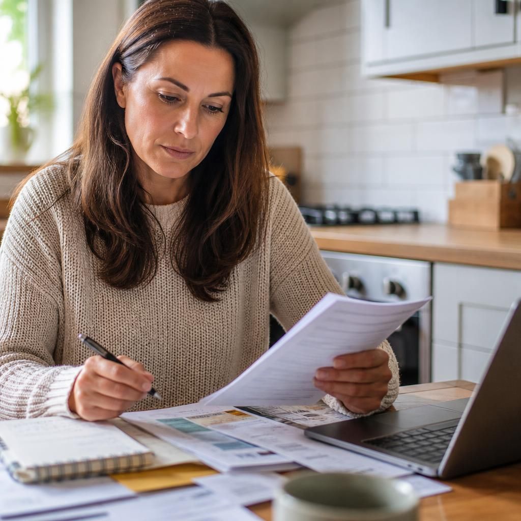 Foster carer reviewing household budget documents at a table