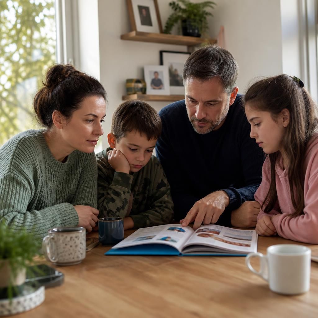 Family looking at information together in a home setting