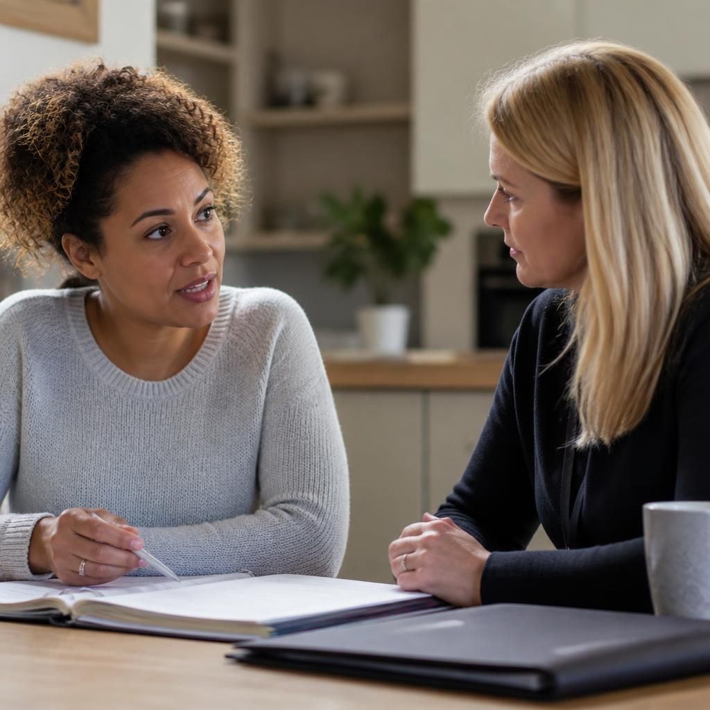 Foster carer speaking with a social worker while reviewing care documents at a table