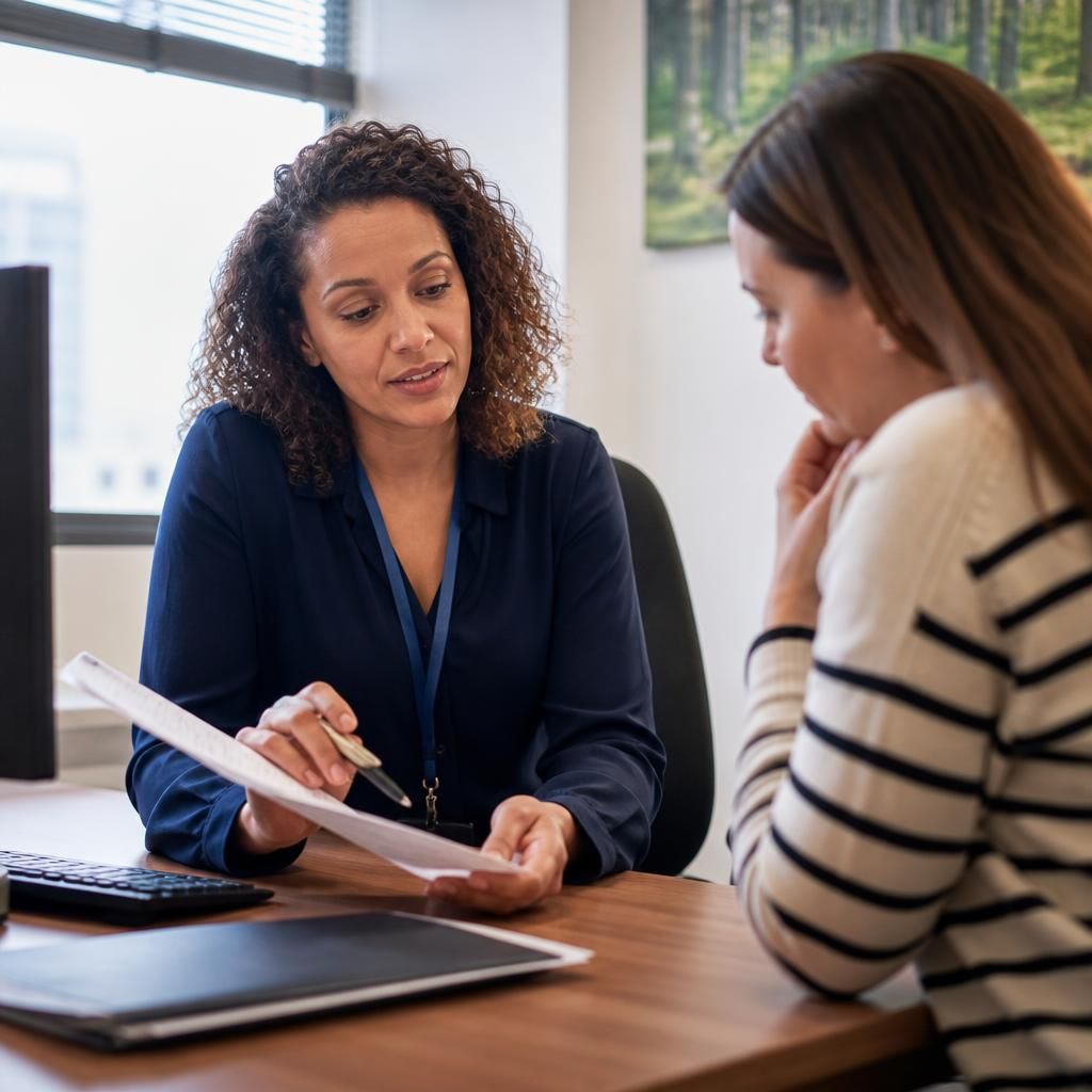 Person reviewing a fostering application with a social worker at a desk