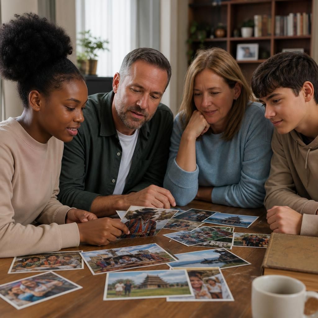 Family looking at photographs and discussing different cultures