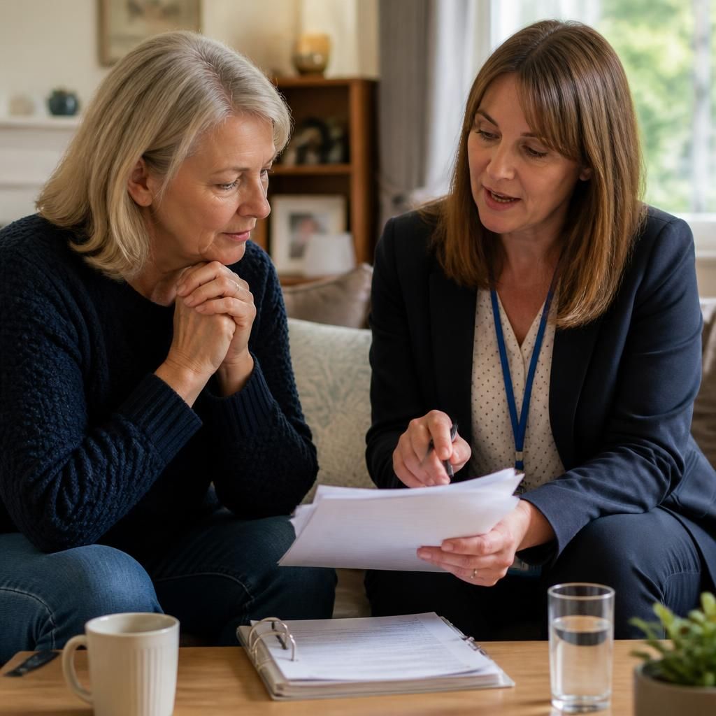 Older single parent discussing fostering documents with a social worker