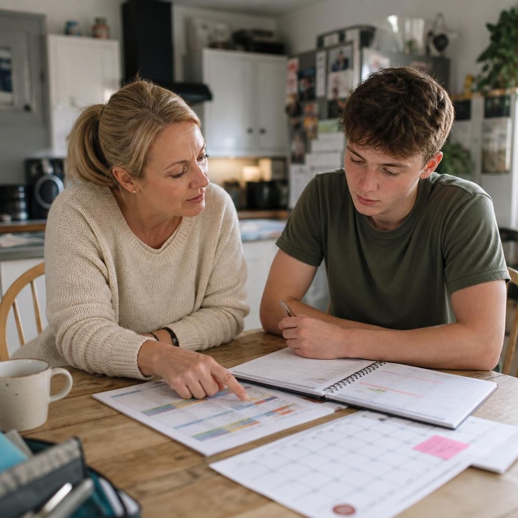 Foster carer reviewing a teenager’s school timetable and work calendar at home