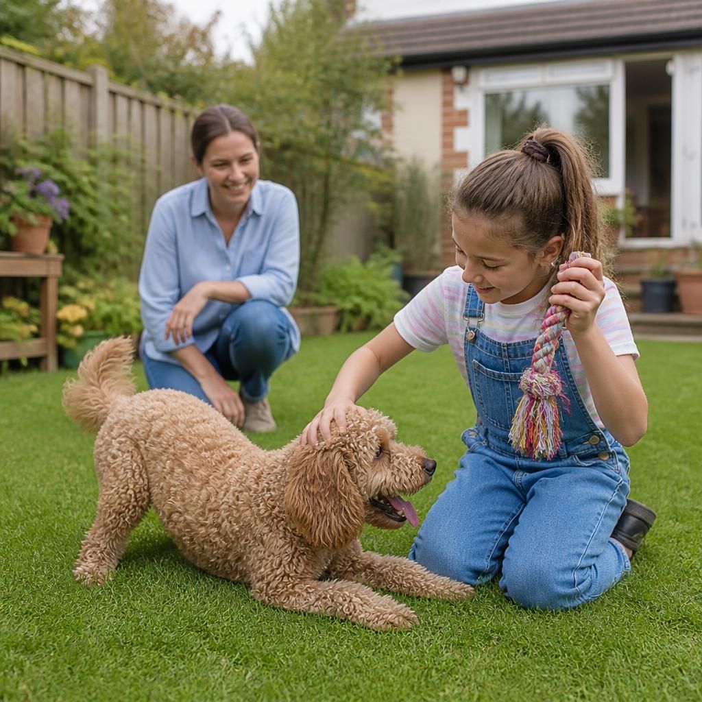 Foster carer supervising a child playing safely with a family dog in the garden