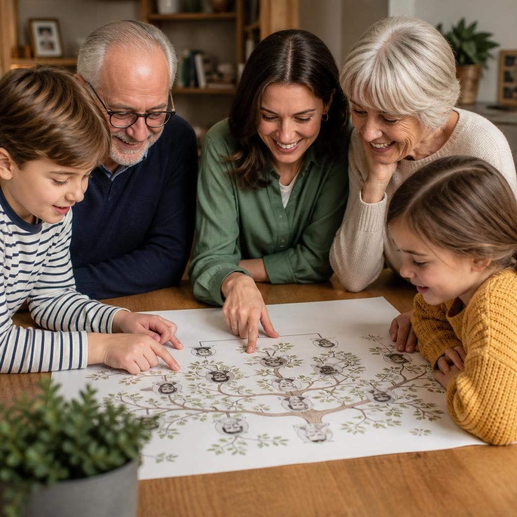 Family tree highlighting cousins and great-grandparents