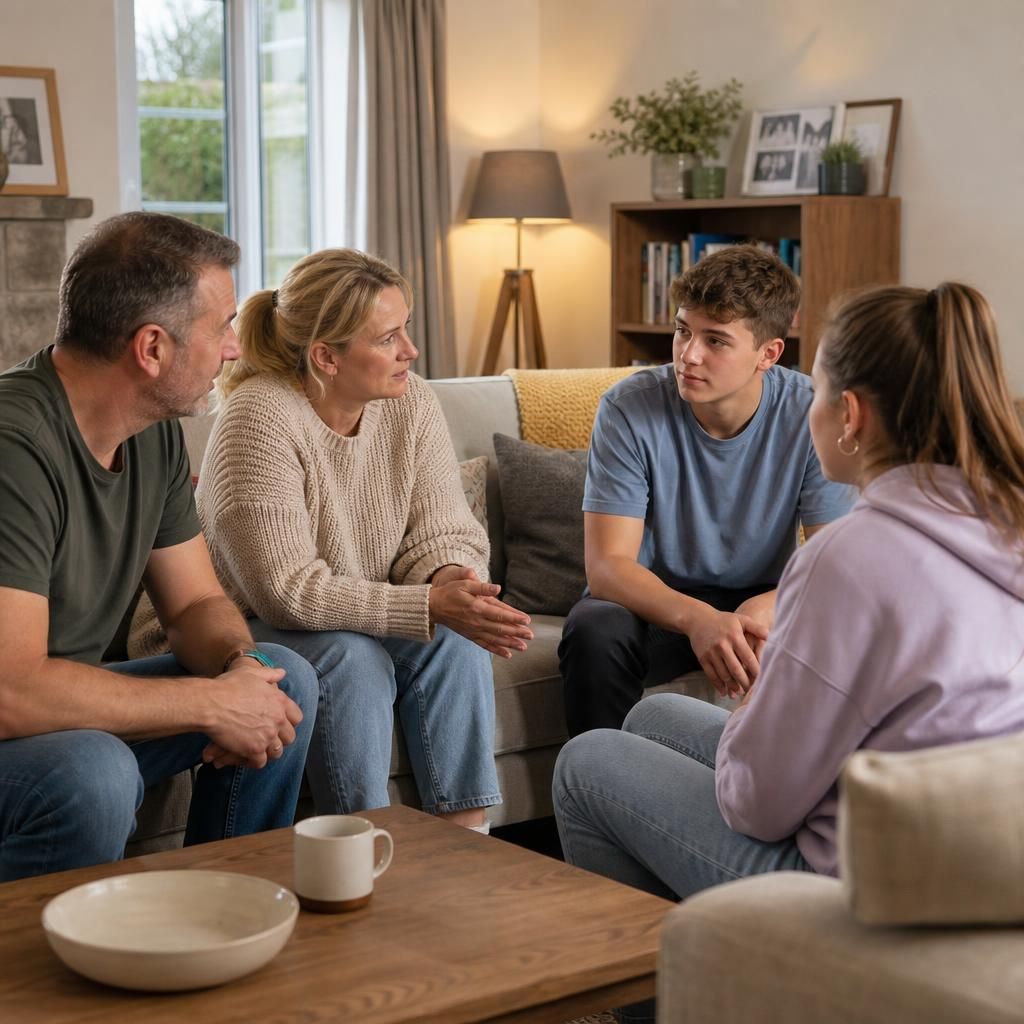 Foster family talking together in a living room