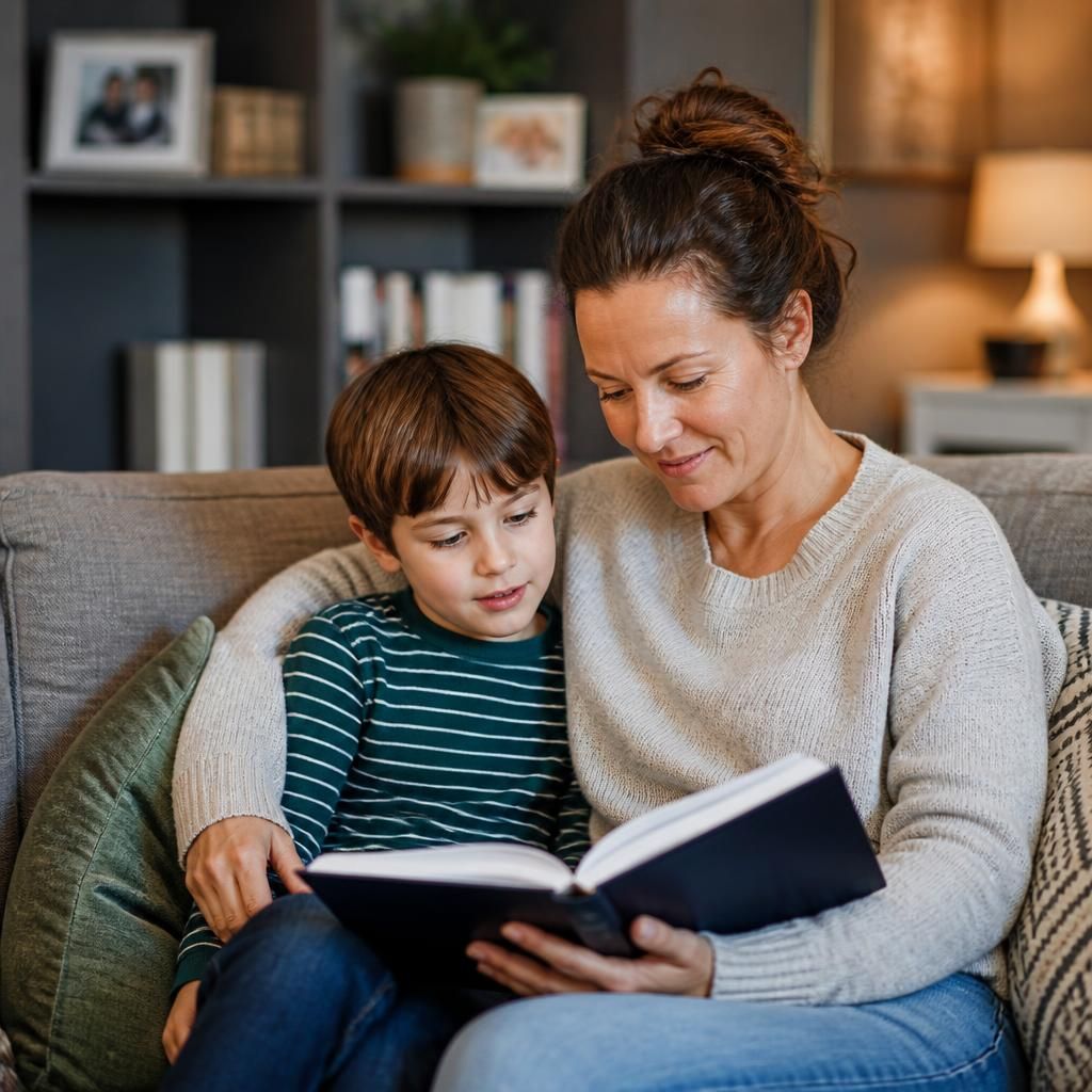 Single adult and child reading together at home