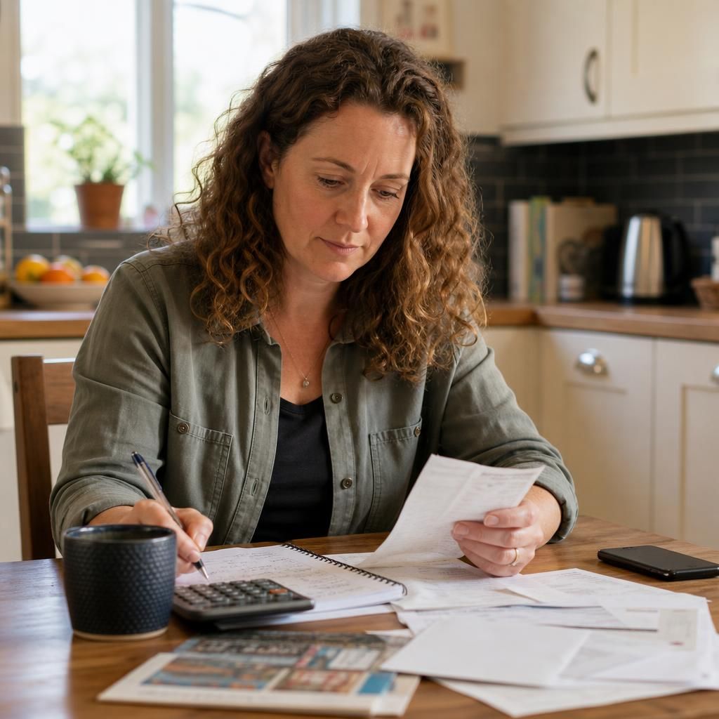 Foster carer reviewing household finances at a kitchen table