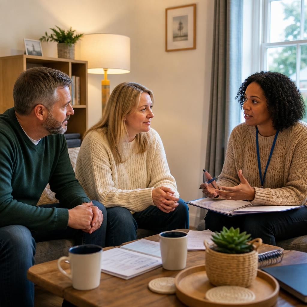 Foster carers taking part in a training discussion with a supervising social worker