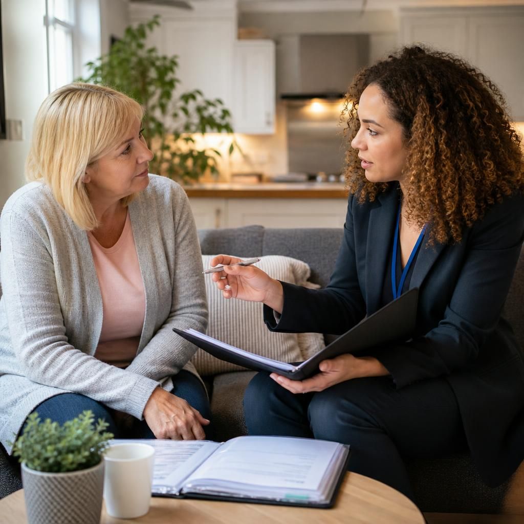 Foster carer discussing fostering with a social worker at home