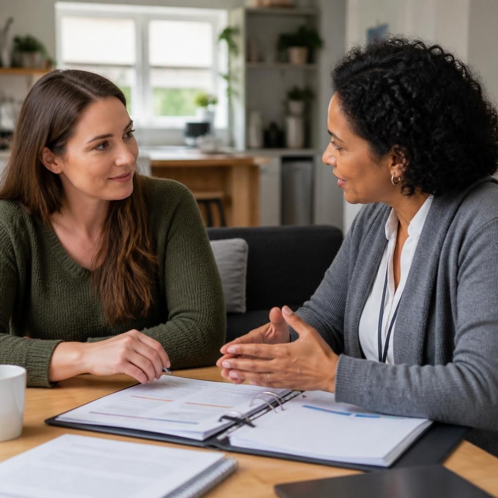 Foster carer discussing age groups with a social worker