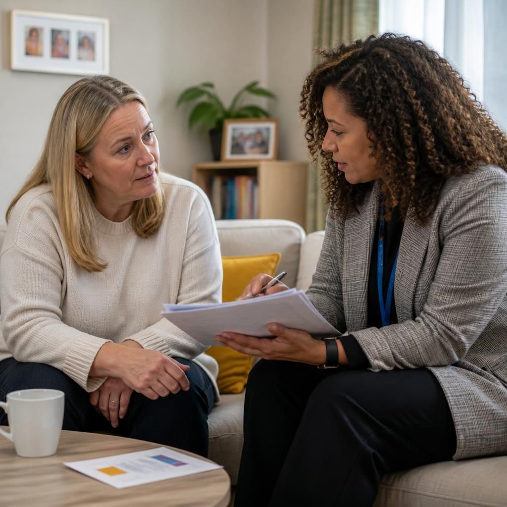 Foster carer and social worker discussing a child’s placement information