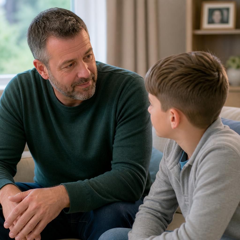 Kinship carer talking with a child at home
