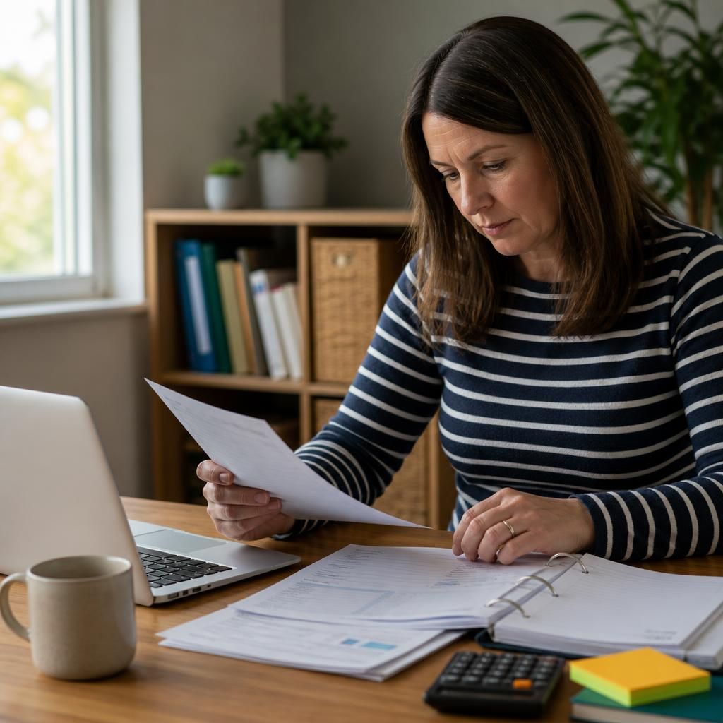 Foster carer reviewing placement payment records and tax documents at a desk