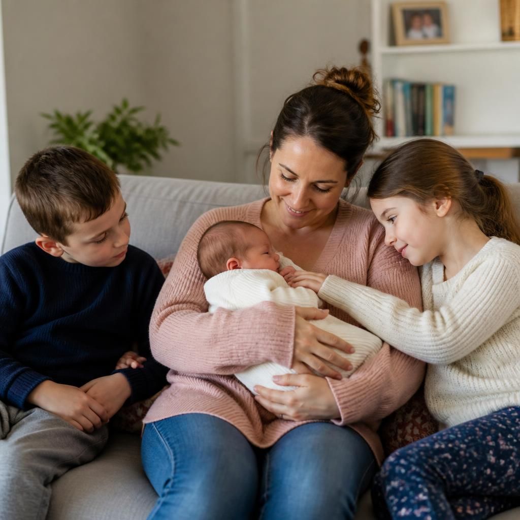 Parent holding a newborn while two children sit nearby
