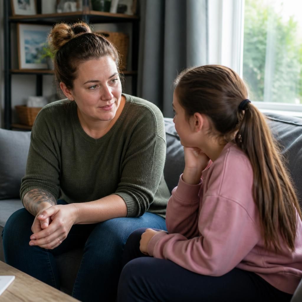Single foster carer talking with a child at home