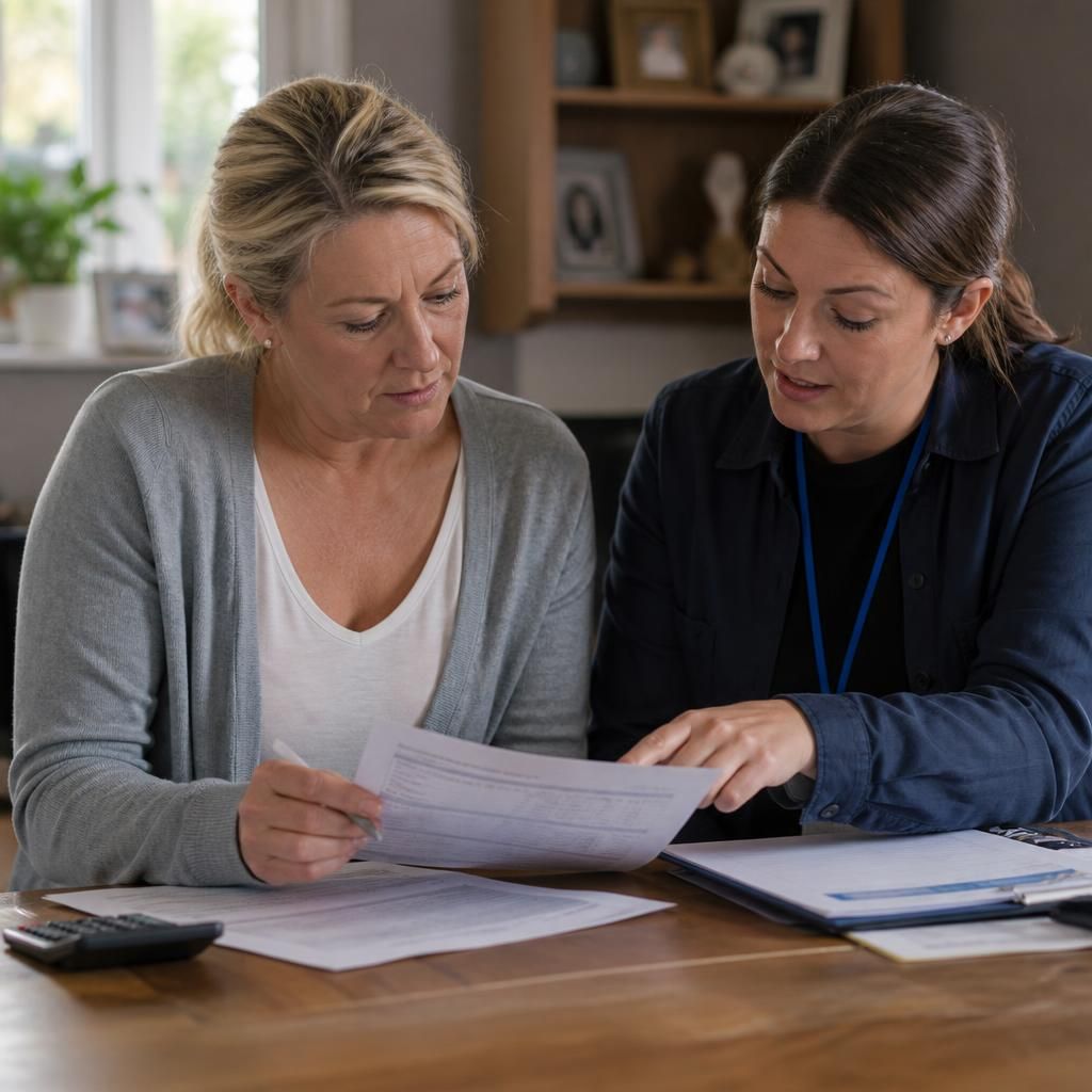 Foster carer reviewing placement payment documents with a social worker