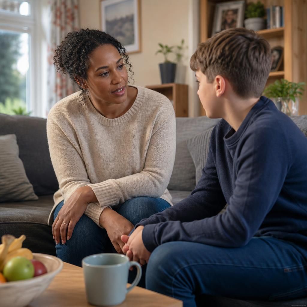 Foster carer talking with a child at home