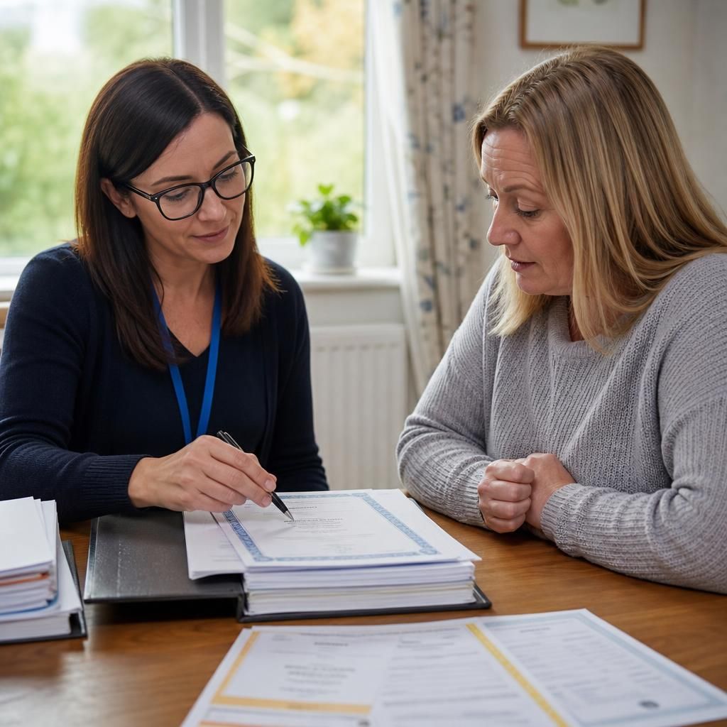 Foster carer reviewing training certificates and records with an assessor
