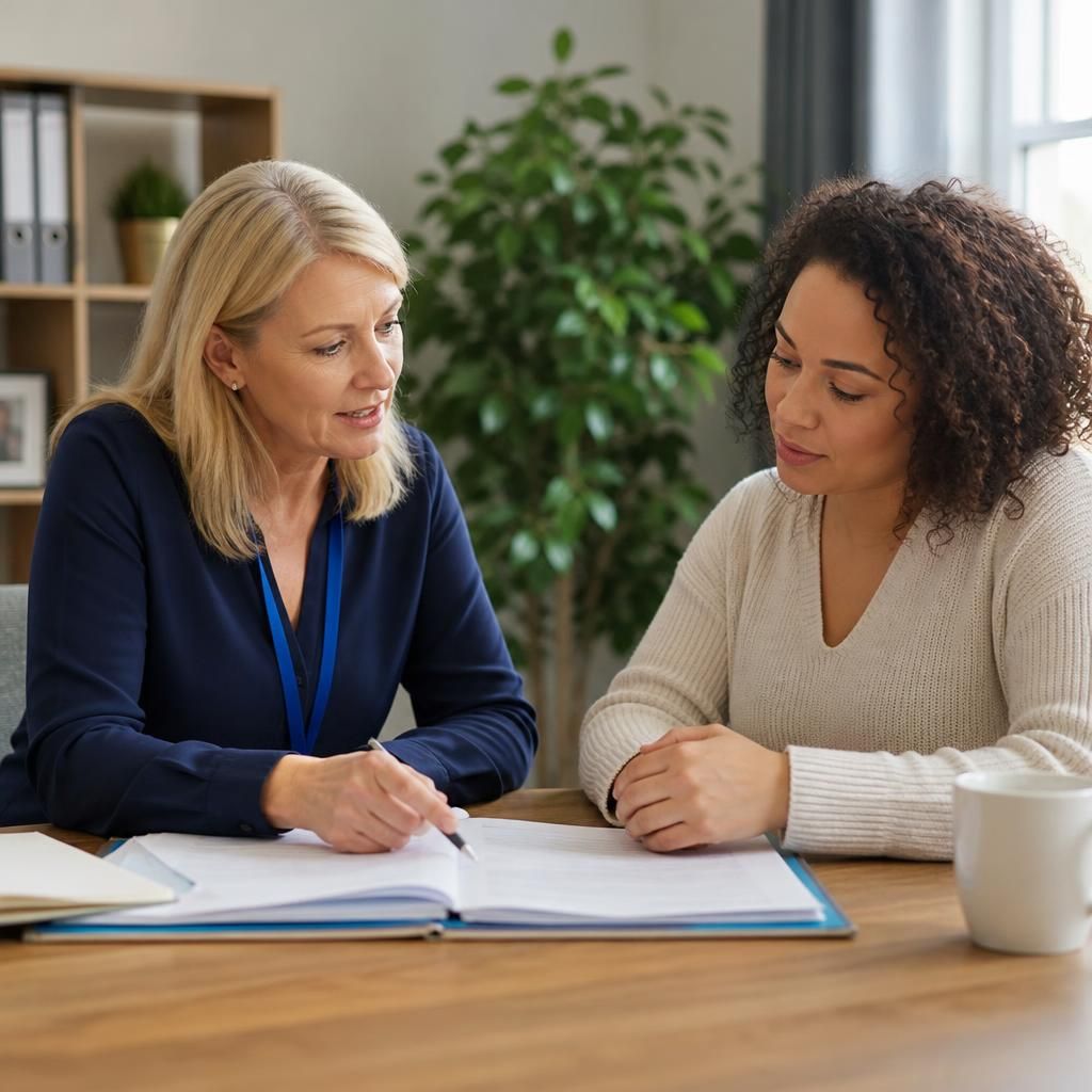 Foster carer and adviser discussing a child’s placement plan