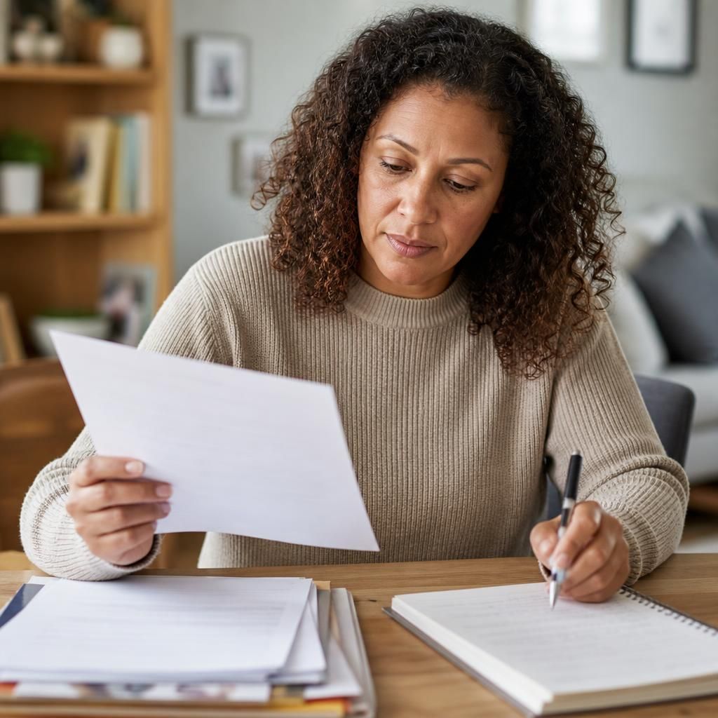 Person reviewing fostering agency information and notes at a table
